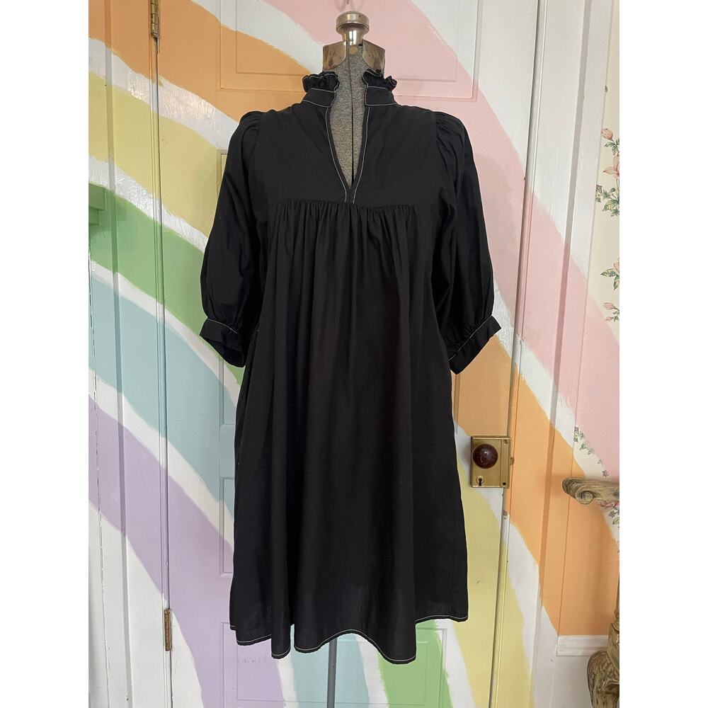 Never A Wallflower Black Poplin Prairie Dress Puff Sleeve Small